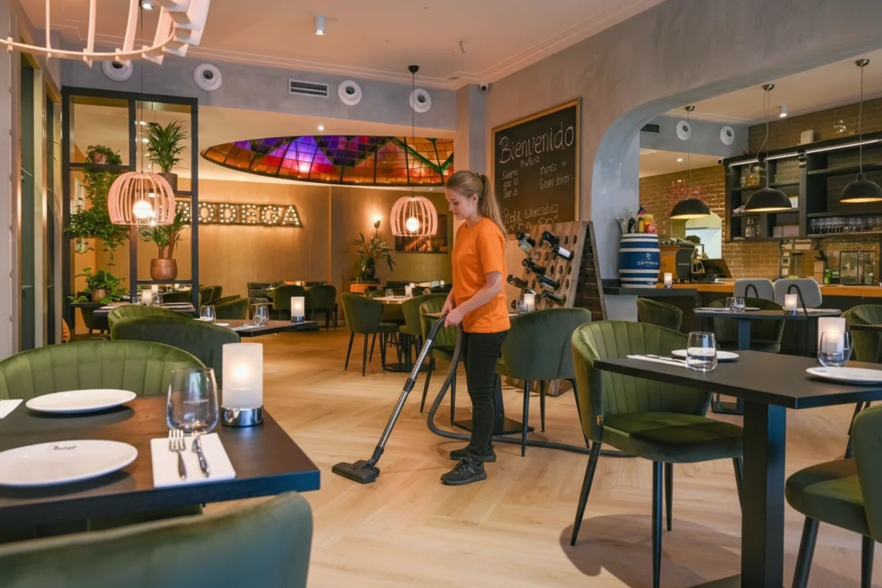 Schoonmaker stofzuigt de zaal van een restaurant voor de opening