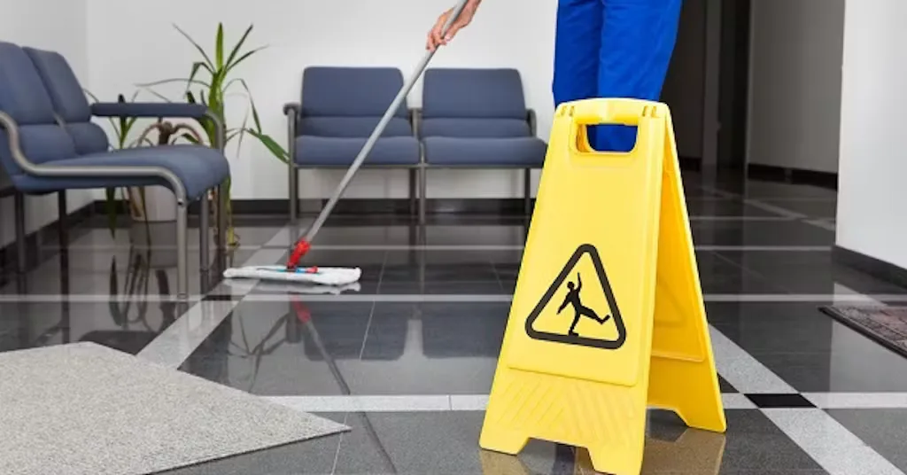Vloeronderhoud in een wachtruimte, met waarschuwingsbord voor een natte vloer